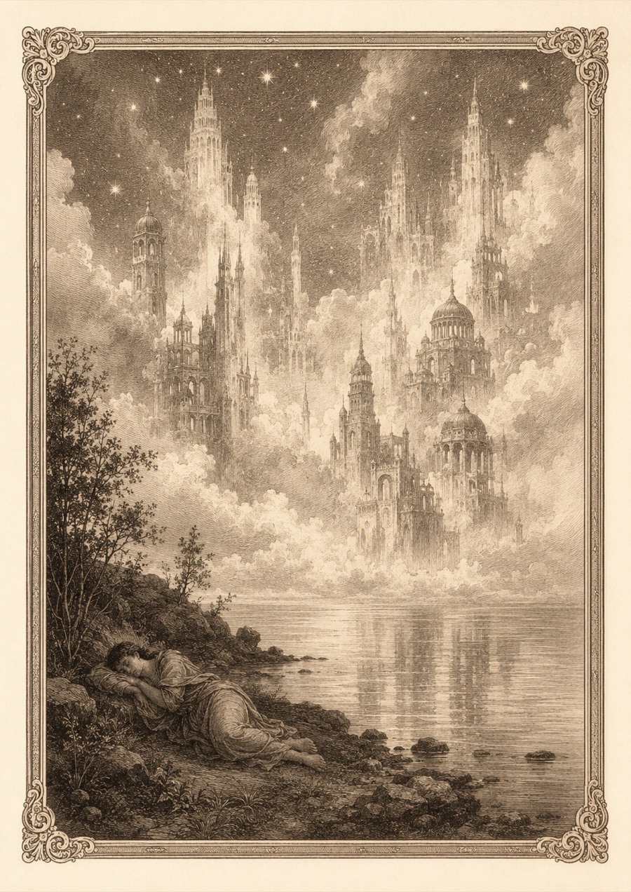 Engraved plate for We are such stuff as dreams are made on, from The Tempest.